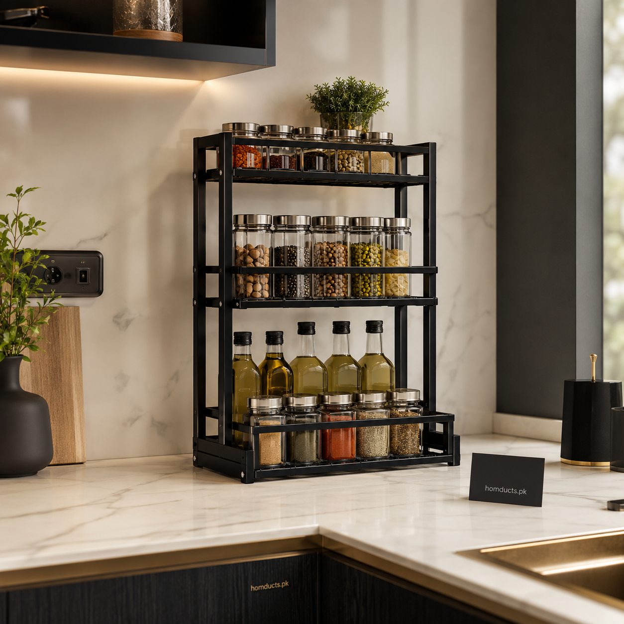 Premium 3-Tier Kitchen Storage & Spice Organizer Rack – Multi-Purpose Countertop Shelf for Kitchen Essentials & Bottles