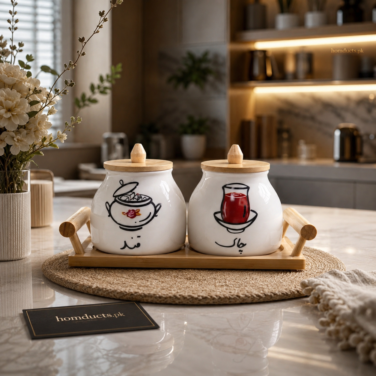 Luxury Premium Ceramic Tea & Sugar Jar Set With Wooden Tray Stand – Elegant Kitchen Storage Organizer 2PCS