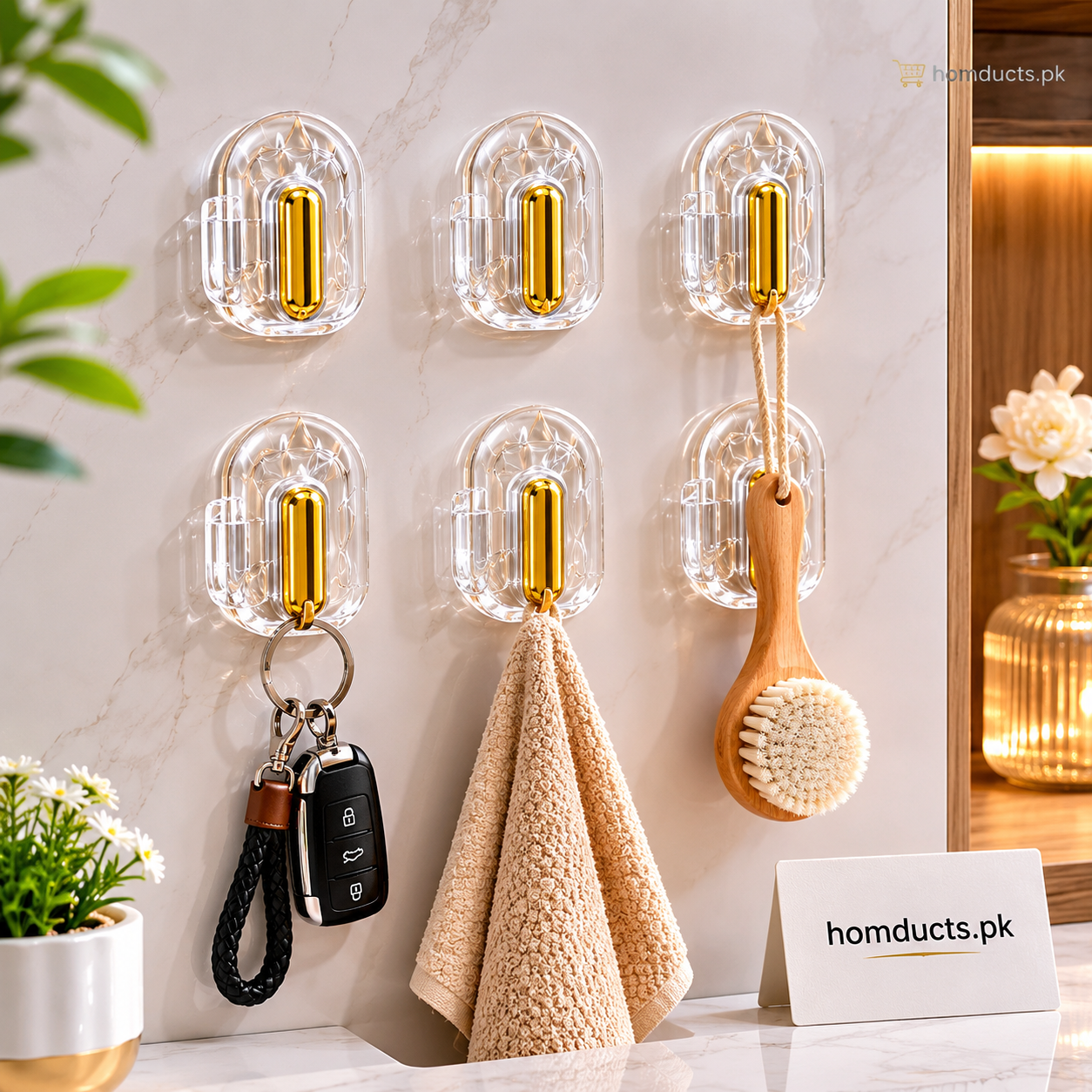 Luxury Transparent Wall Hooks Set – 6PCS Golden Self Adhesive Heavy Duty Hooks for Bathroom, Kitchen & Home Organization