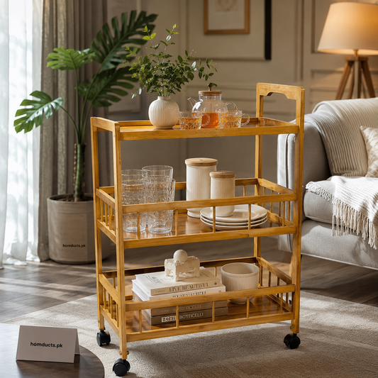 Luxury 3 Tier Wooden Tea Trolley Cart With Wheels For Kitchen Serving & Home Organization
