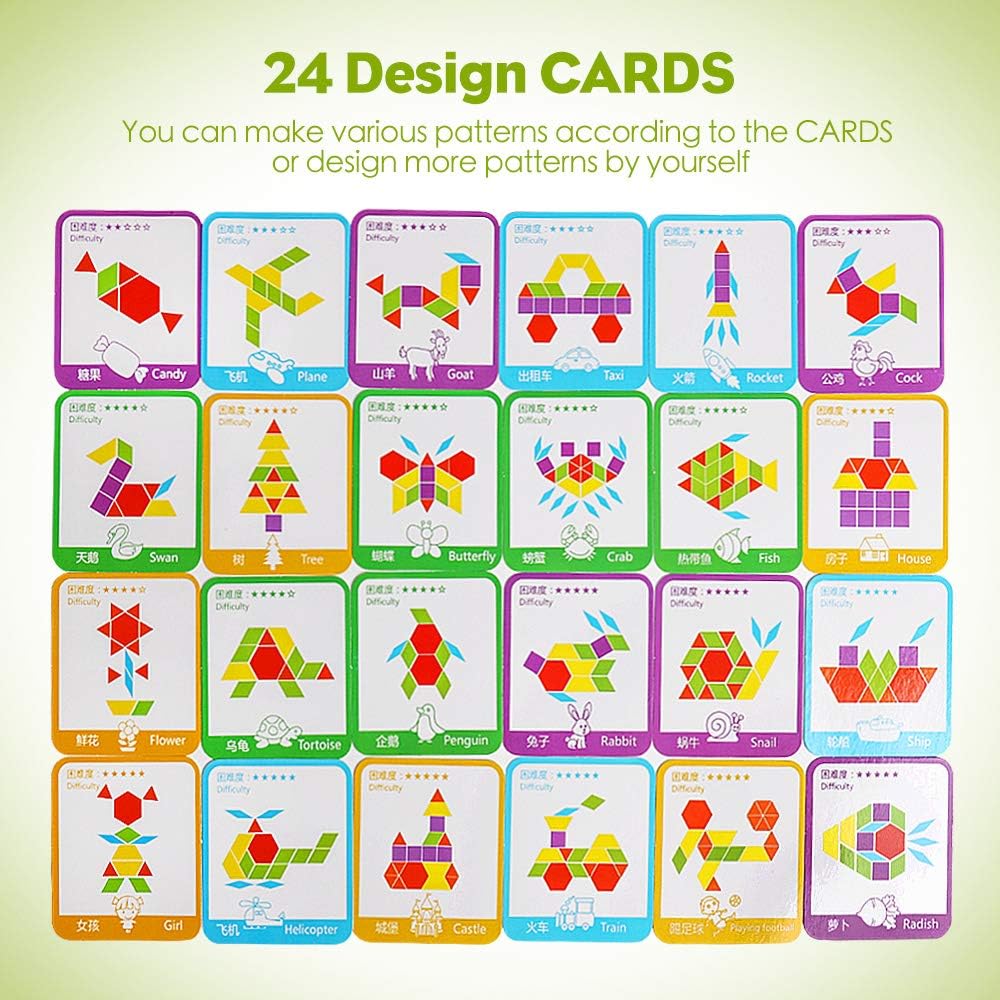 Montessori Wooden Geometric Shape Pattern Blocks Puzzle - 200 Pcs