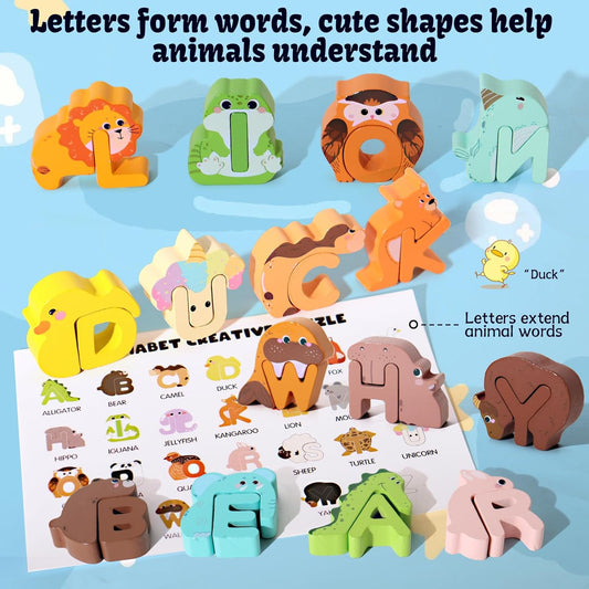 Kids Alphabet Cartoon Creative Wooden Puzzle Letters - 52 Pieces