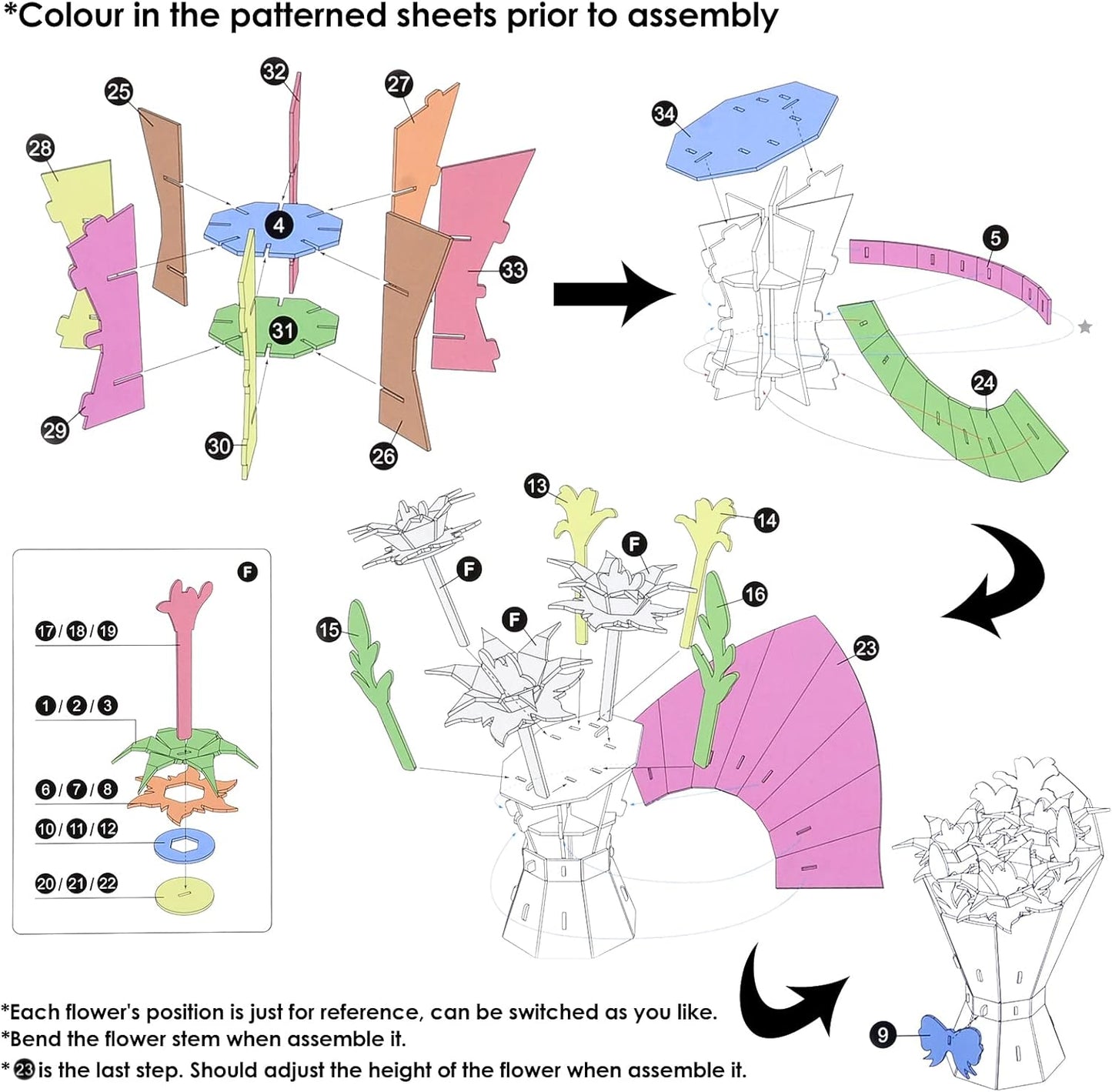 Self Assemble 3D Flower Colouring Puzzle Set With Markers