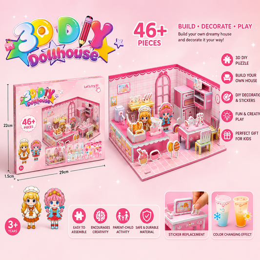 3D DIY Dollhouse Puzzle – Creative Mini House Building Set for Kids