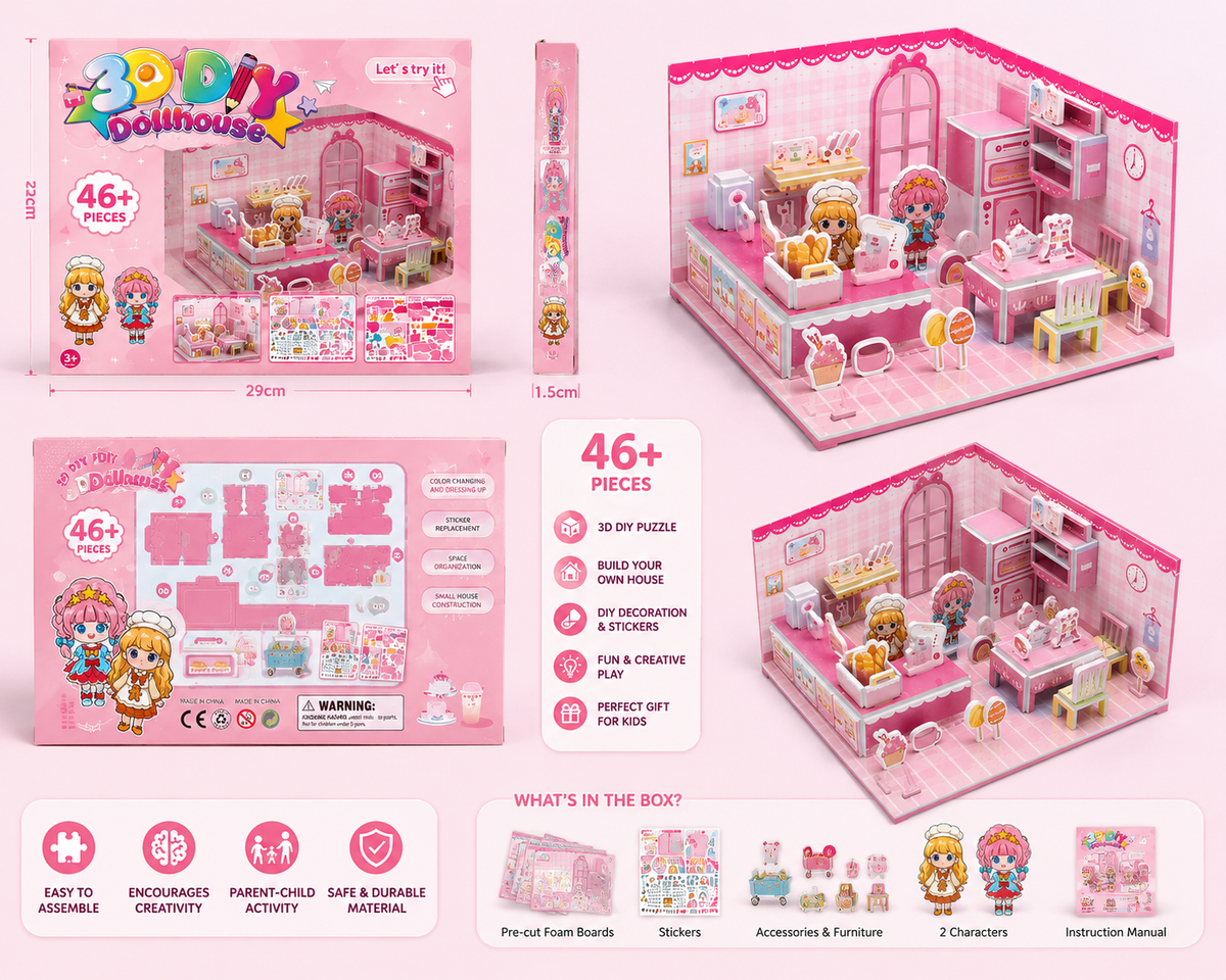3D DIY Dollhouse Puzzle – Creative Mini House Building Set for Kids