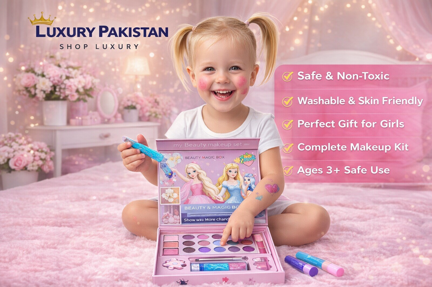 Kids Makeup Kit for Girls – Washable Beauty Set with Eyeshadow, Lip Gloss & Blush | Safe Non-Toxic Gift
