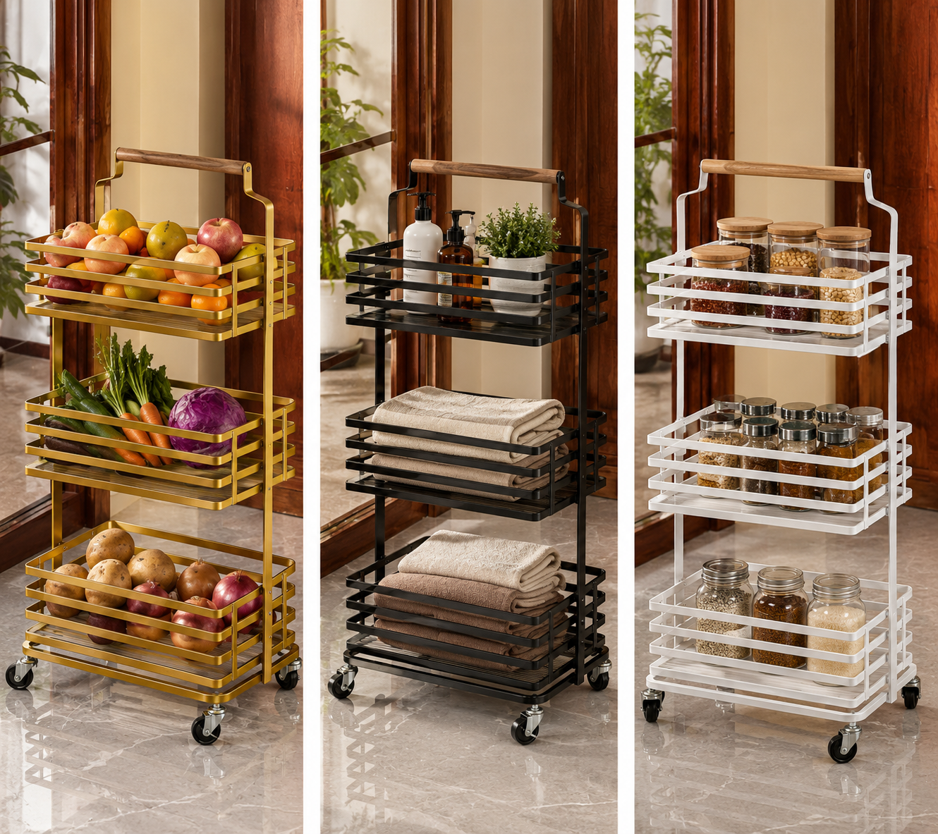 Premium 3 Tier Rolling Storage Basket Trolley Organizer for Kitchen, Bathroom, Laundry & Home Essentials Storage Rack with Wheels