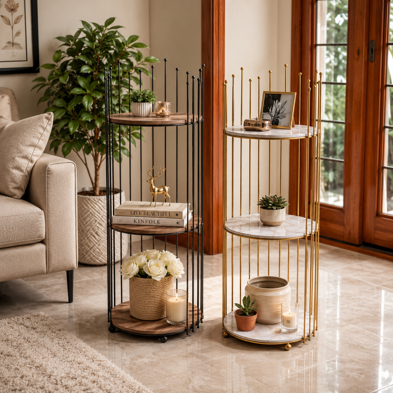 Luxury Modern Round Accent Display Shelf Stand for Living Room & Bedroom Decor – Premium Metal Multi-Tier Organizer