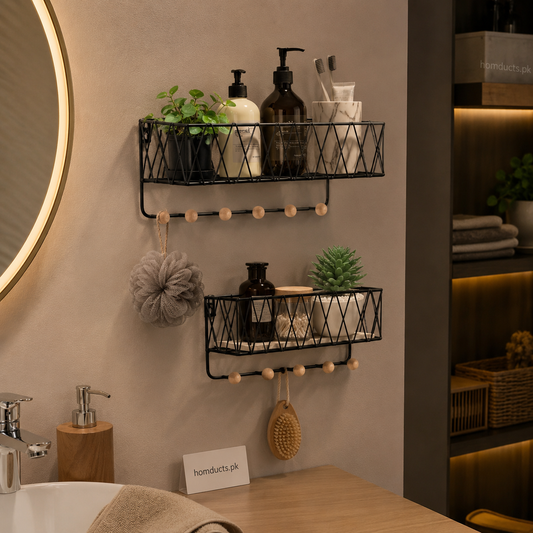 Luxury Nordic Wall Basket Shelf with Wooden Hooks – Modern Metal Storage Organizer Rack for Bathroom, Kitchen & Home Décor