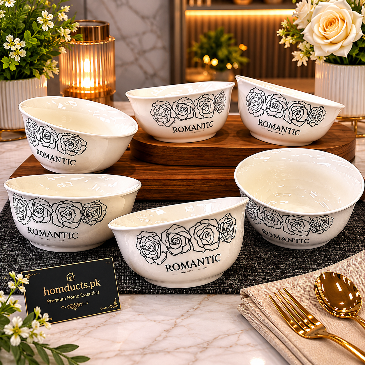 Luxury 6 Pcs Ceramic Romantic Rose Printed Serving Bowl Set with Premium Gift Packaging for Elegant Dining & Kitchen Decor