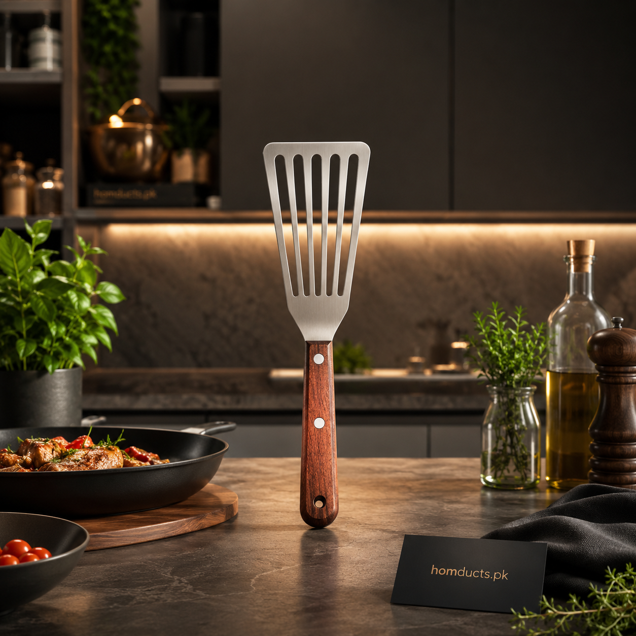 Premium Stainless Steel Slotted Cooking Spatula with Wooden Handle for Non-Stick Cookware