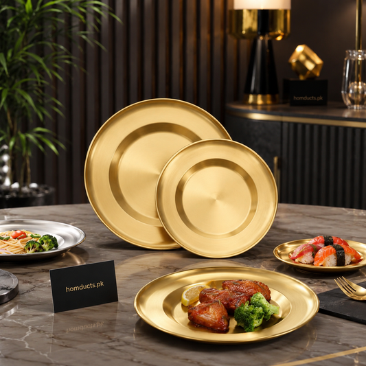 Luxury Matte Gold Stainless Steel Serving Plate Set – Premium Modern Dining Plates for Elegant Table Styling