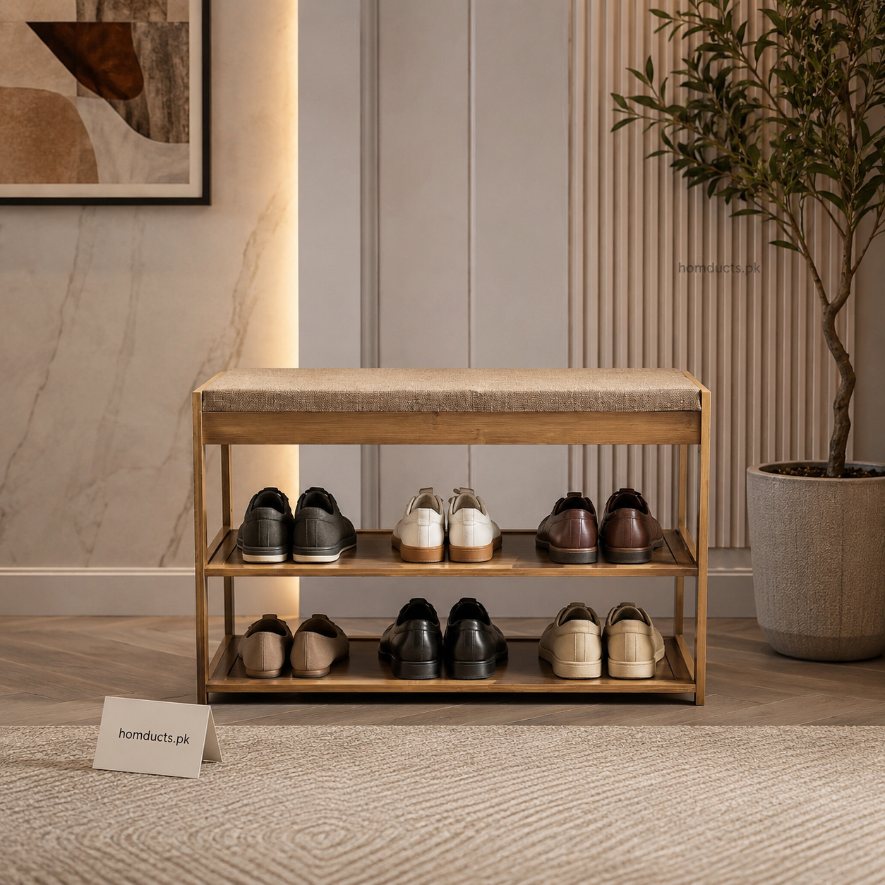 Luxury Modern Wooden Shoe Rack Bench with Cushioned Seating & Storage Shelves