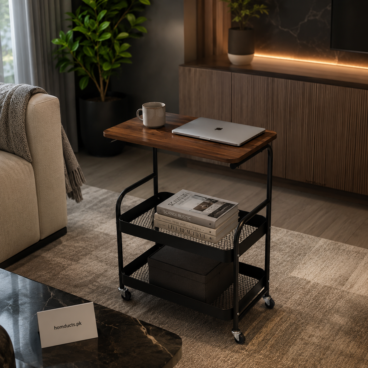 Luxury Rolling Side Table With Storage Shelves – Modern Multi-Purpose Utility Cart For Living Room Bedroom Office