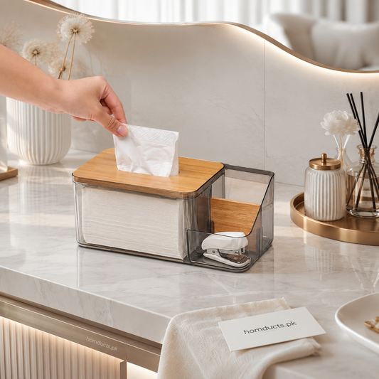 Luxury Transparent Acrylic Tissue Box Organizer with Multi-Purpose Storage Compartment & Wooden Lid