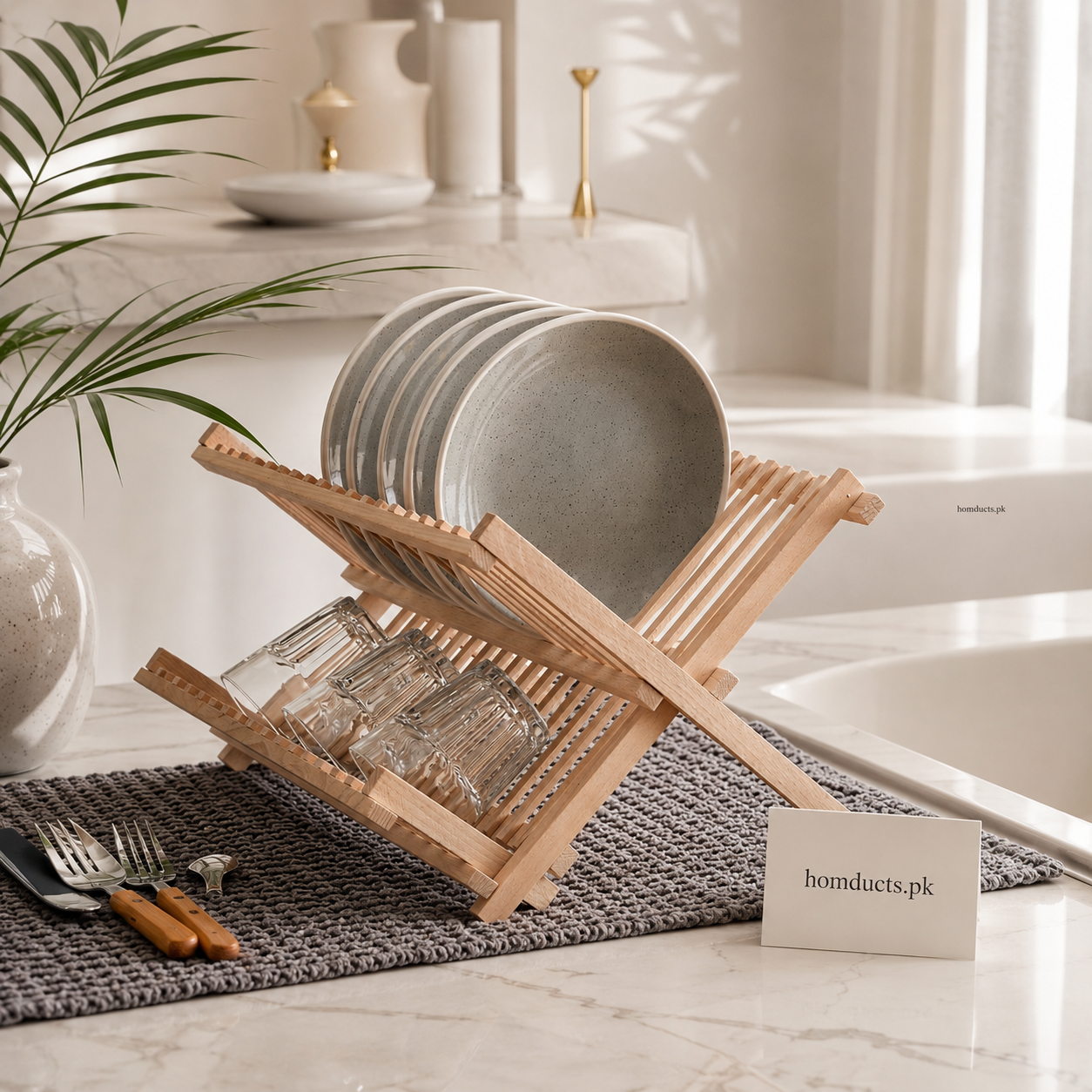 Luxury Foldable Bamboo Dish Drying Rack for Kitchen Countertops | Premium Wooden Dish Organizer & Plate Holder for Modern Homes