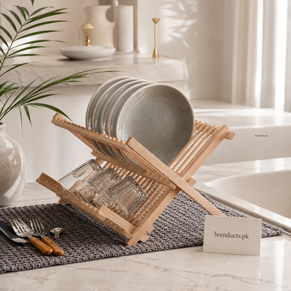 Luxury Foldable Bamboo Dish Drying Rack for Kitchen Countertops | Premium Wooden Dish Organizer & Plate Holder for Modern Homes