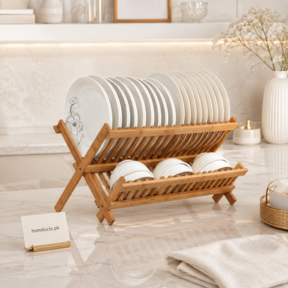 Luxury Foldable Bamboo Dish Drying Rack for Kitchen Countertops | Premium Wooden Dish Organizer & Plate Holder for Modern Homes