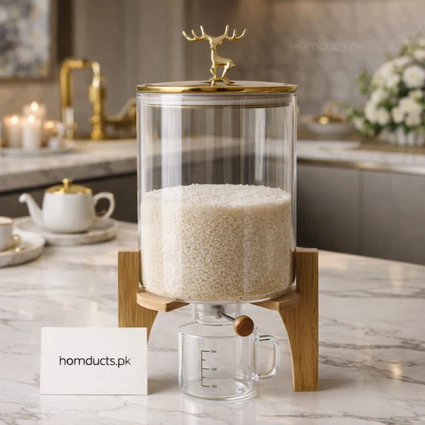 Luxury 8L Glass Rice Dispenser Jar With Wooden Stand & Golden Deer Lid – Premium Airtight Kitchen Storage Container With Measuring Cup