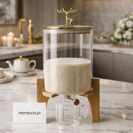 Luxury 8L Glass Rice Dispenser Jar With Wooden Stand & Golden Deer Lid – Premium Airtight Kitchen Storage Container With Measuring Cup