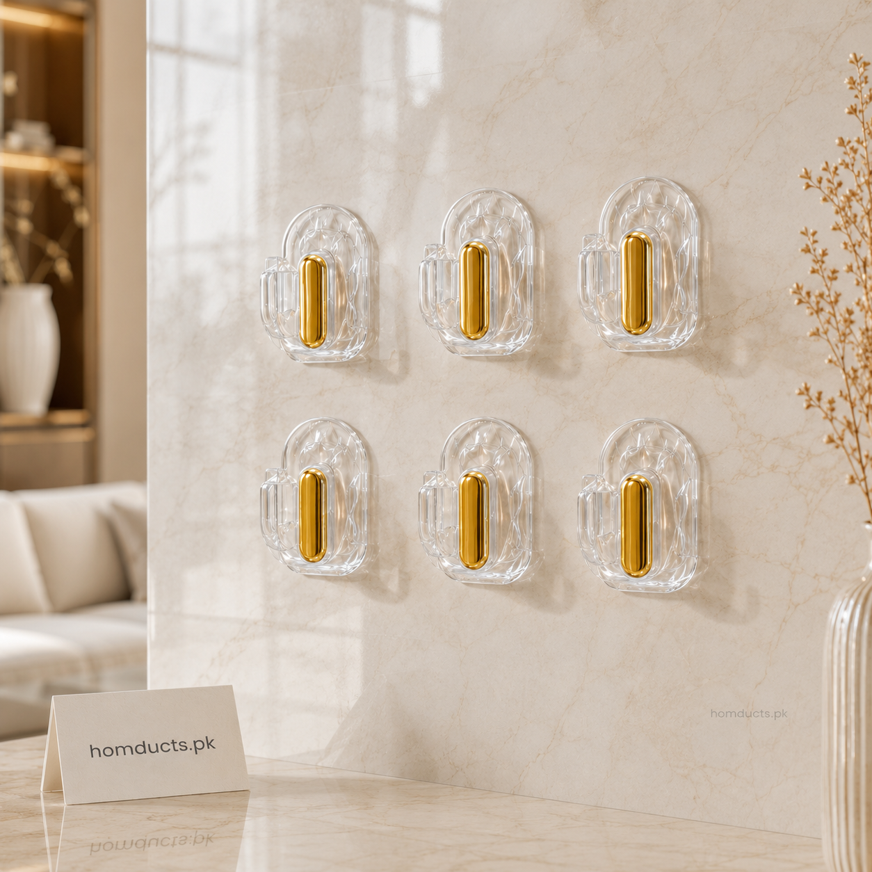 Luxury Transparent Wall Hooks Set – 6PCS Golden Self Adhesive Heavy Duty Hooks for Bathroom, Kitchen & Home Organization