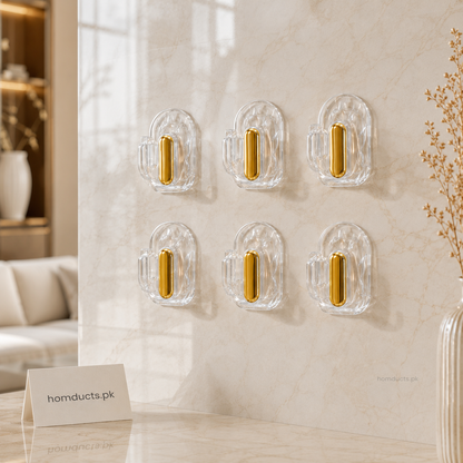 Luxury Transparent Wall Hooks Set – 6PCS Golden Self Adhesive Heavy Duty Hooks for Bathroom, Kitchen & Home Organization