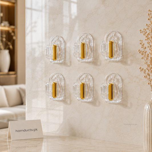 Luxury Transparent Wall Hooks Set – 6PCS Golden Self Adhesive Heavy Duty Hooks for Bathroom, Kitchen & Home Organization