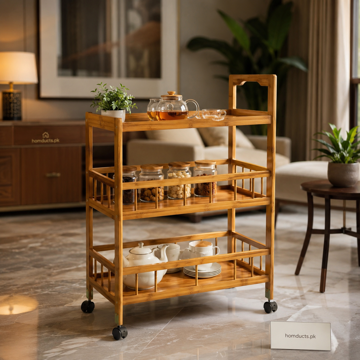 Luxury 3 Tier Wooden Tea Trolley Cart With Wheels For Kitchen Serving & Home Organization