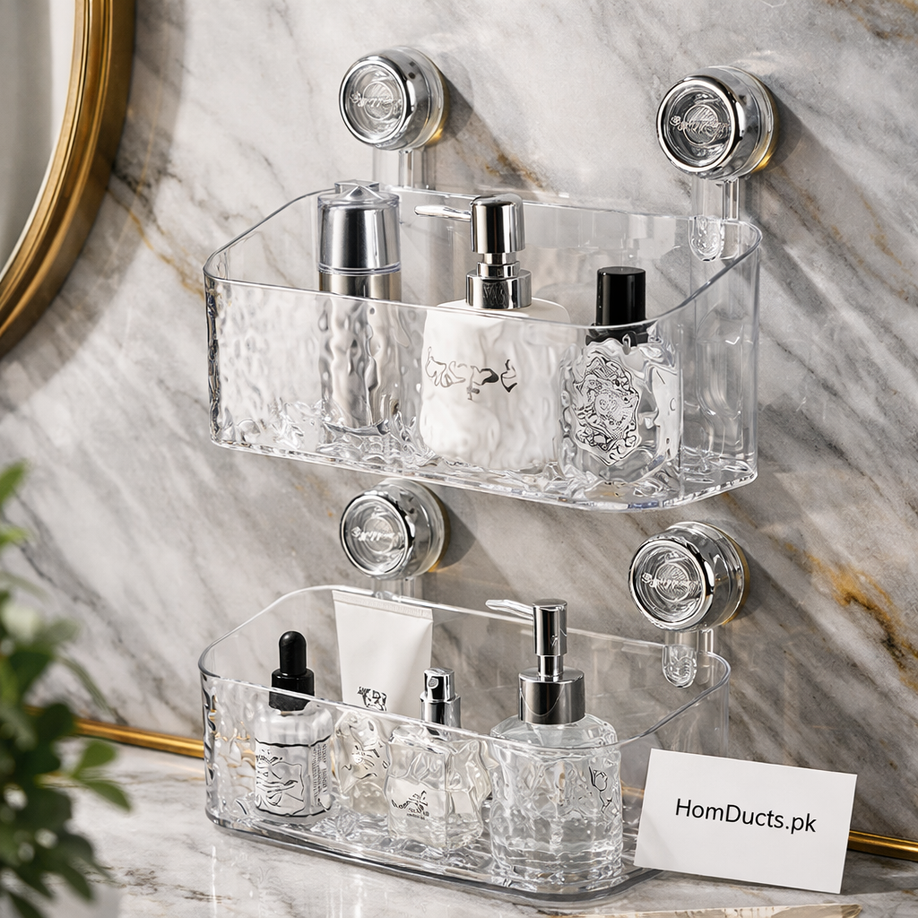 Premium Transparent Wall-Mounted Bathroom Organizer – Double Layer Suction Shelf