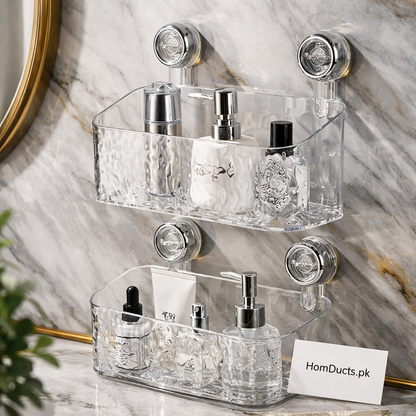 Premium Transparent Wall-Mounted Bathroom Organizer – Double Layer Suction Shelf