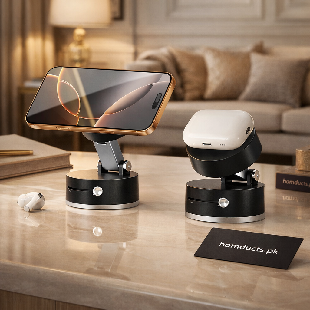 360° Magnetic Phone Holder with Auto-Tracking Rotation – Strong Magnetic Suction Mount for Desk & Tabletop Use