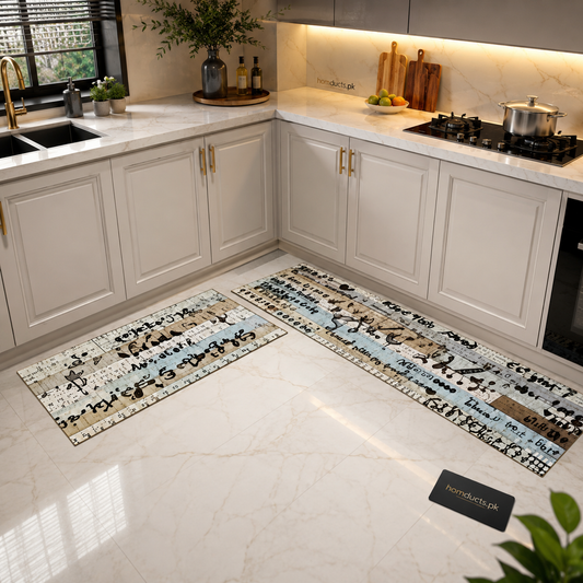 Vintage Script Anti-Slip Water Absorbent Kitchen Floor Mat Set – Luxury Washable 2 Piece Kitchen Runner Rugs for Modern Homes