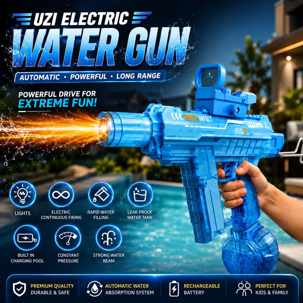 UZI Automatic Water Spray Toy with LED Light – Rechargeable Water Play Toy